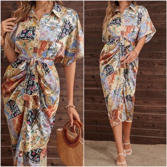 Boho Paisley Print Button up satin Dress - Picture 2 of 3